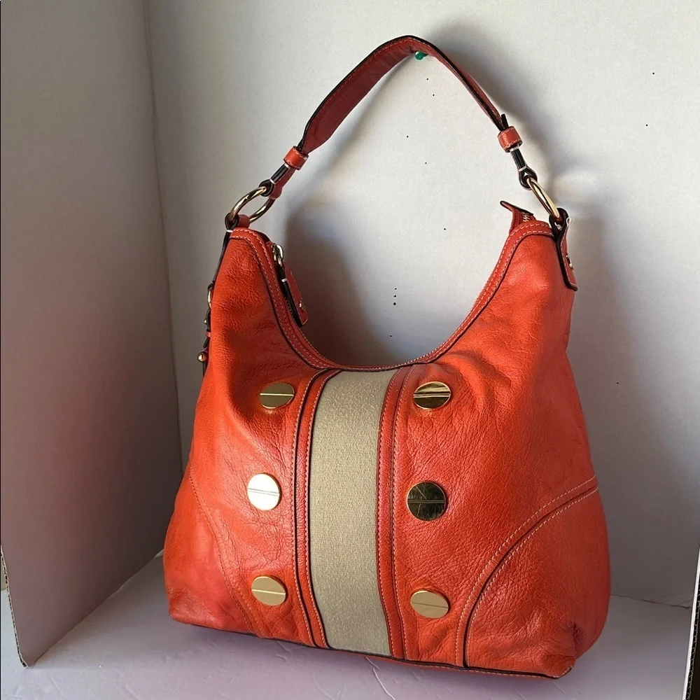 🔥 Milly Orange Coral Leather Carryall Hobo Shoulder Bag Gold Studs Suede Accent